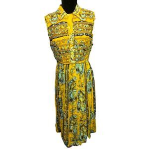 Vintage 70’s Yellow Blue Psychedelic Ruch Woven Maxi Dress XS Small Boho Hippie